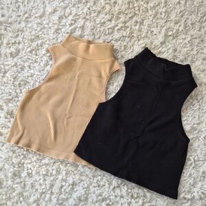 Ribbed Mock Neck Crop Tops Bundle (2 pcs) – Suzette Collection OS Beige & Black